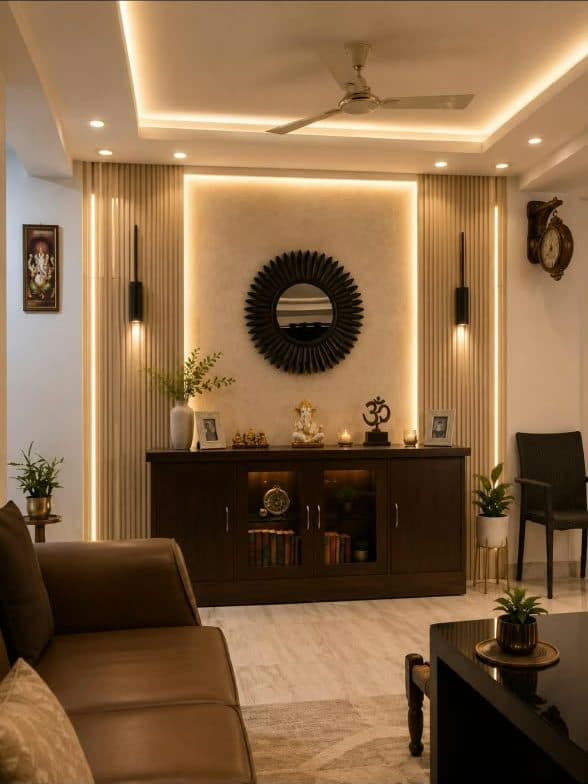 Living room accent wall with fluted panels, backlit niche, sunburst mirror and dark wood console